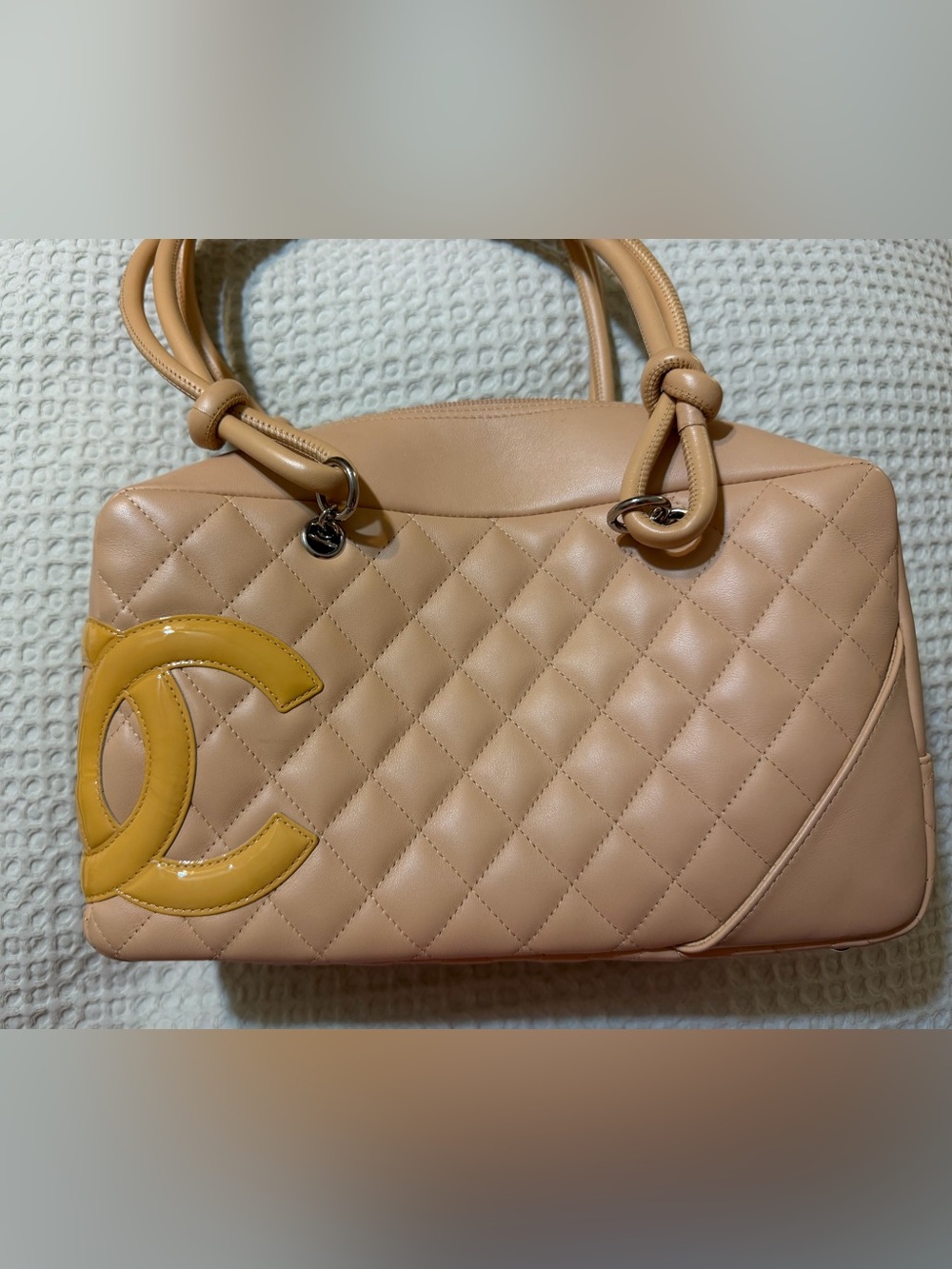 CHANEL Calfskin Quilted Cambon Quilted Large Bowler Beige
